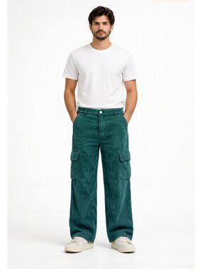 Over Kleshas Teal Corduroy Cargo Pants Size 32 Men's W Wide Leg Vintage Y2K